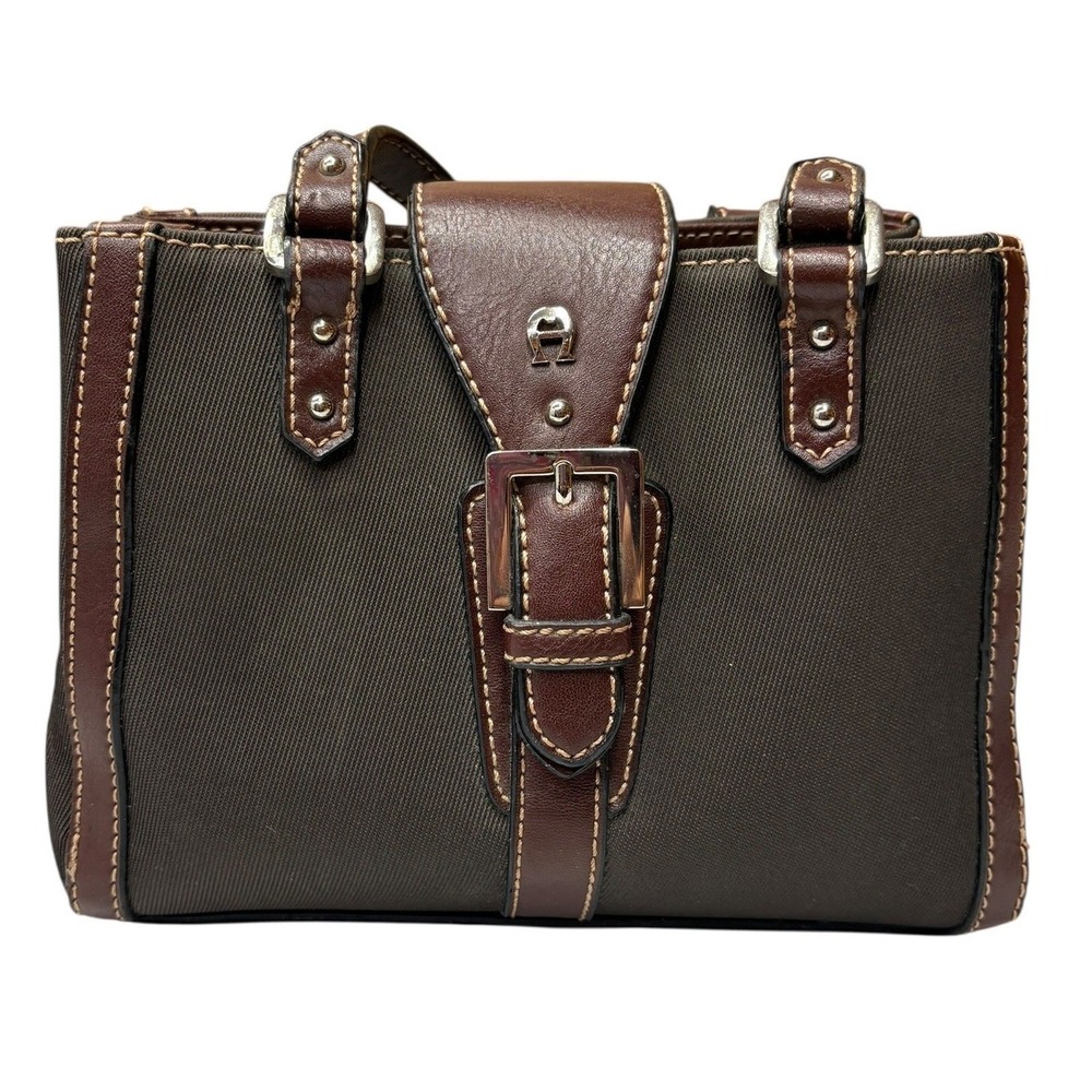 Vintage Etienne Aigner Brown Canvas‎ Leather Trim Mini Satchel Shoulder Purse